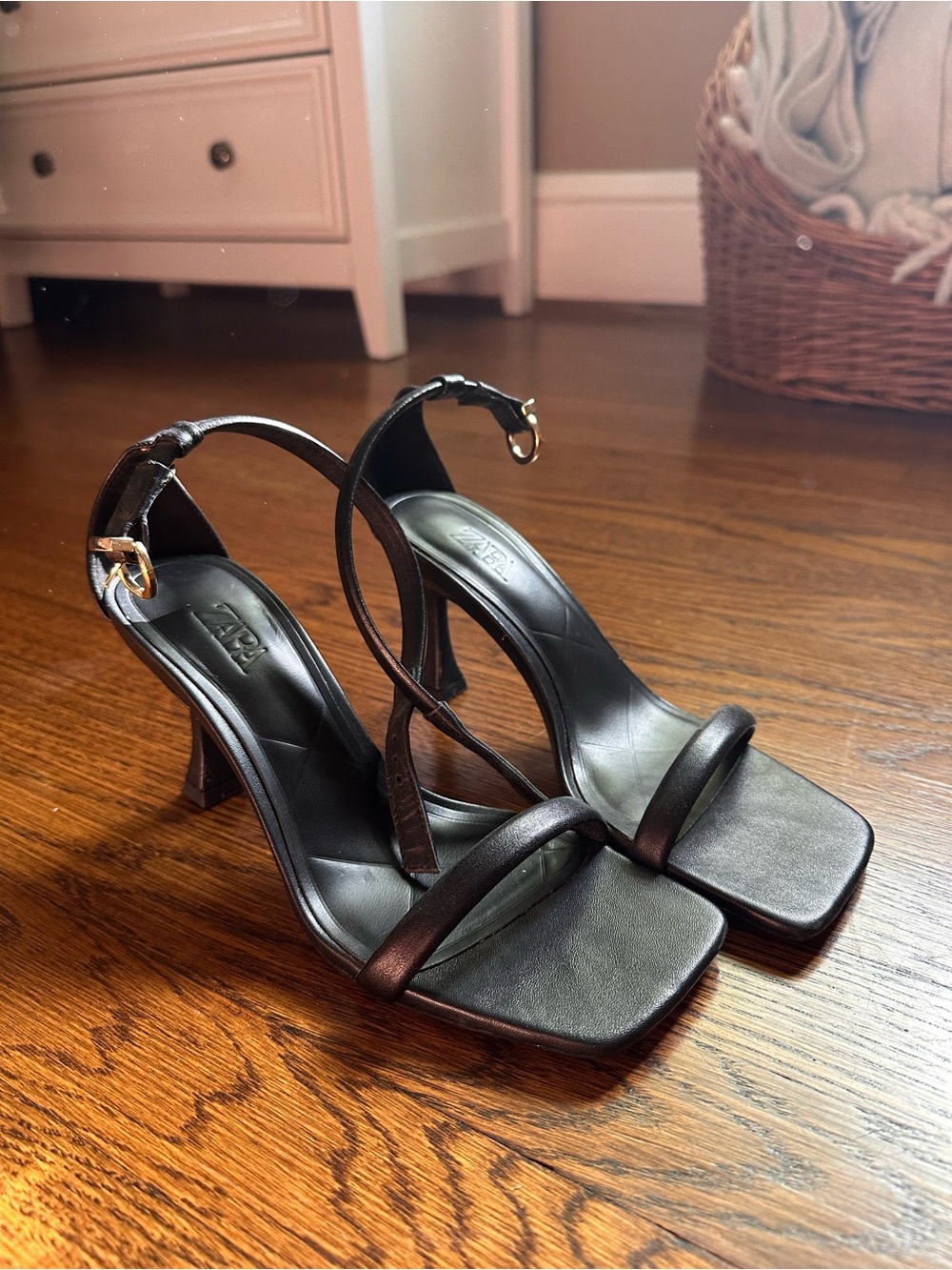 Zara Black Square-Toe Ankle-Strap Heels